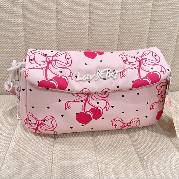 NEW Luv‎ Betsey Johnson Pink Bow LBCORAL Cherry Heart Baguette Shoulder Bag - Picture 3 of 8
